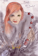drawing giantess city destruction red_hair fire tarrass20020 olivier looking_at_viewer vehicle_crush