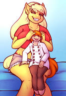 drawing gentle furry tail anthro size_difference blonde color clothed bed huge_breasts mini_giantess sitting amazon thighs sheela orange_hair squeezing my_little_pony applejack on_lap no_background butternut orange_skin bare_legs jsk244 bare_midriff cutie_mark