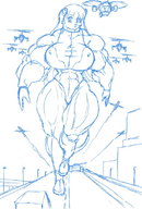 drawing giantess monochrome helicopter military tank street muscles jets