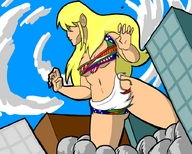 breasts drawing giantess city mega blonde color buildings helicopter low_angle clouds sky flags ninormous crave_the_bullet flag_bra makeshift_clothing
