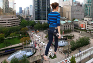 giantess collage city clothed barefoot buildings walking people pocket sidewalk behind_view pacmanri holding_vehicle