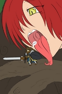 drawing vore tongue sword mouth red_hair fangs shrunken_character owlizard
