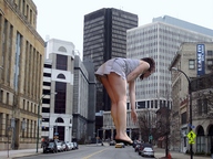 giantess collage city buildings unknown_artist legs bending_over reaching streets under_foot vehicle_crush leaning_forward behind_view