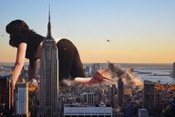 collage city destruction clothed helicopter crawling fire skyscrapers smoke mega_giantess dust