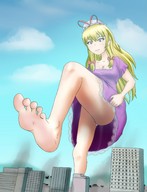 drawing giantess feet city upskirt barefoot buildings soles touhou low_angle sky hat point_of_view yukari_yakumo raised_foot imminent_crush iodain