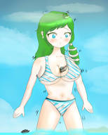 drawing color swimsuit blue_eyes cleavage ocean touhou green_hair kochiya_sanae sky ships iodain between_breasts