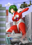 breasts drawing giantess city color destruction buildings helicopter green_hair shrunken_people streets vehicles smoke sky body_suit