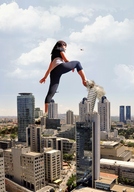 giantess collage city destruction clothed buildings helicopter brunette low_angle skyscrapers clouds sky