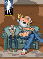 growth giantess small_man size_difference blonde comic cleavage huge_breasts breast_expansion socks sitting giantessfan ripped_clothing sofa