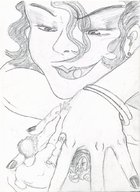 drawing giantess monochrome domination shrunken_men hand face shrunken_woman hand_crush pinned looking_at_tiny silverluster
