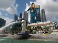 giantess collage city blonde buildings low_angle dress unknown_artist clouds sky looking_at_viewer fountain singapore