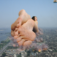 city mega destruction toes soles brunette smiling lying_down shadester looking_back looking_at_viewer