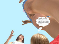 upskirt blonde shoes brunette low_angle story socks unaware shrunken_woman from_below digital_render