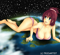 breasts giga space planet cleavage red_hair stars satellite cosmic_giantess