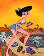 breasts drawing giantess city mega black_hair color destruction barefoot skirt parody vehicles straddling top attack_of_the_50_foot_woman looking_at_tiny flintstones betty lizarraga cartoon_network wilma