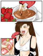 drawing vore color tongue mouth cleavage saliva brunette tifa shrunken_men between_fingers strawberries chocolate_sauce gmillenn dipped