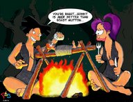 breasts drawing giantess vore small_man size_difference black_hair color toes barefoot cleavage purple_hair asian ponytail fire amazon fork giantesses forest salt leela futurama knife dialogue orange_hair salt_shaker looking_at_tiny hobbit gulliver63 roasting female_trolls amy_wong cyclops philip_j_fry