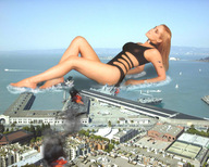 giantess collage swimsuit destruction barefoot water ocean buildings helicopter wonderslug lying_down fire legs ships san_francisco harbor