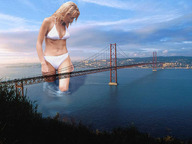 breasts giantess collage panties landscape mega blonde bridge cleavage bra water wonderslug looking_down bay sky wading