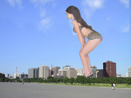 breasts giantess collage city mega long_hair high_heels buildings brunette park wonderslug legs looking_down people sky leopard_print