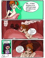 drawing giantess vore blushing comic tongue mouth handheld saliva purple_hair story shrunken_woman willing bitter_sweet_love
