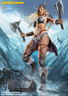 drawing giantess blonde comic color armor looking_down mountains houses axe cover_page helmet shane_braithwaite zzz_comics