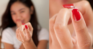 collage micro brunette asian unknown_artist shrunken_men hand red_nails manicure on_finger looking_at_tiny