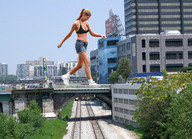 giantess collage city blonde cleavage buildings socks wonderslug shorts walking sneakers overpass