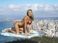 collage city mega blonde swimsuit cleavage buildings wonderslug crawling kneeling skyscraper clouds
