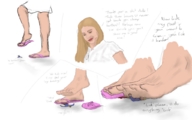 drawing giantess crush feet blonde comic color brunette story dress shrunken_men sandals foot_crush shrunken_man looking_down cruel pink_nails red_lips flip_flops white_dress