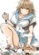 drawing giantess panties color small_men handheld cleavage shoes kneeling uniform grabbing bikuta looking_at_tiny
