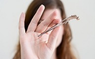 collage handheld brunette shrunken_men hand entrapment tweezers looking_at_victim examine