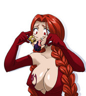 breasts drawing vore color licking handheld cleavage red_eyes gloves red_hair shrunken_woman fairy_tail jitensha flare_corona looking_at_tiny lucy_heartfilia