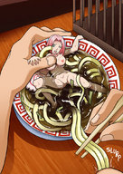 nude sakura hand shrunken_woman cage entrapment food chopsticks jitensha ramen noodles soup naruto_(series)
