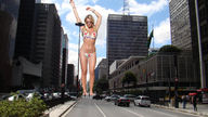 giantess collage city blonde swimsuit cleavage watch sunglasses people streets vehicles sky looking_at_viewer between_buildings zigi550 navel_ring