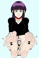 drawing giantess bleach color blue_eyes barefoot soles purple_hair sitting between_legs shrunken_woman pedicure toe_ring manicure looking_at_viewer nemu_kurotsuchi isane_kotetsu