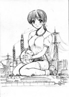 drawing giantess monochrome destruction buildings ticoticotac kneeling dead_or_alive kasumi thighhighs power_lines gym_suit powerplant