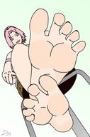 drawing feet color sakura barefoot soles low_angle sitting point_of_view from_below looking_at_viewer pointing katsunan naruto_(series)