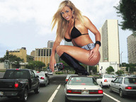 giantess collage city blonde cleavage buildings smiling wonderslug boots squatting streets vehicles looking_at_viewer stacy_keibler holding_vehicle