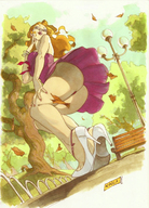 drawing giantess upskirt butt high_heels park red_hair point_of_view looking_at_viewer