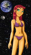 breasts drawing giantess collage earth giga alien space color swimsuit planet cleavage green_eyes smiling moon teen_titans red_hair starfire dc_comics cosmic_giantess orange_skin