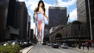 giantess collage city destruction clothed brunette sandals walking looking_down people streets vehicles sky zigi550 roselyn_sanchez