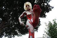 barefoot soles low_angle looking_down outdoors foot_pov point_of_view trees body_paint titan imminent_crush attack_on_titan female_titan looking_at_tiny shelle_chii