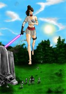 breasts drawing giantess mega color barefoot brunette gloves ponytail shorts star_wars falling forest outdoors sky top belt darth_vader lightsaber stormtrooper sith bare_midriff jedi the_force