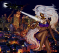 drawing giantess city large_breasts destruction cleavage buildings helicopter night spot_light city_lights ysavi kagimitsu