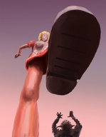 drawing giantess blonde blue_eyes low_angle foot_crush looking_down sky foot_pov point_of_view raised_foot shrunken_character imminent_crush buggysplat looking_at_tiny buffy