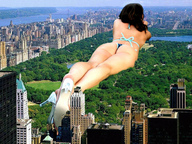 giantess collage city mega butt swimsuit high_heels brunette asian lying_down legs skyscraper trees new_york_city central_park