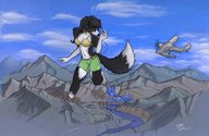 drawing furry macro bridge cleavage paws airplane running headphones mountains river clouds sky dam