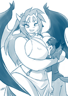 breasts drawing horns wings size_difference cleavage hugging looking_at_tiny