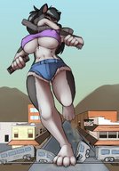 breasts drawing vore furry city color large_breasts destruction mouth handheld buildings low_angle paws foot_crush mountains hand_crush streets point_of_view